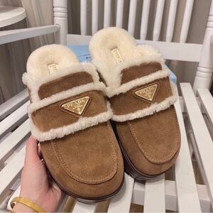 Prada Women's Tan Suede Shearling Mules